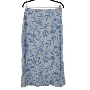 Vintage 80s Linen True Wrap Midi Skirt 12‎ Blue Monochromatic Floral Side Button